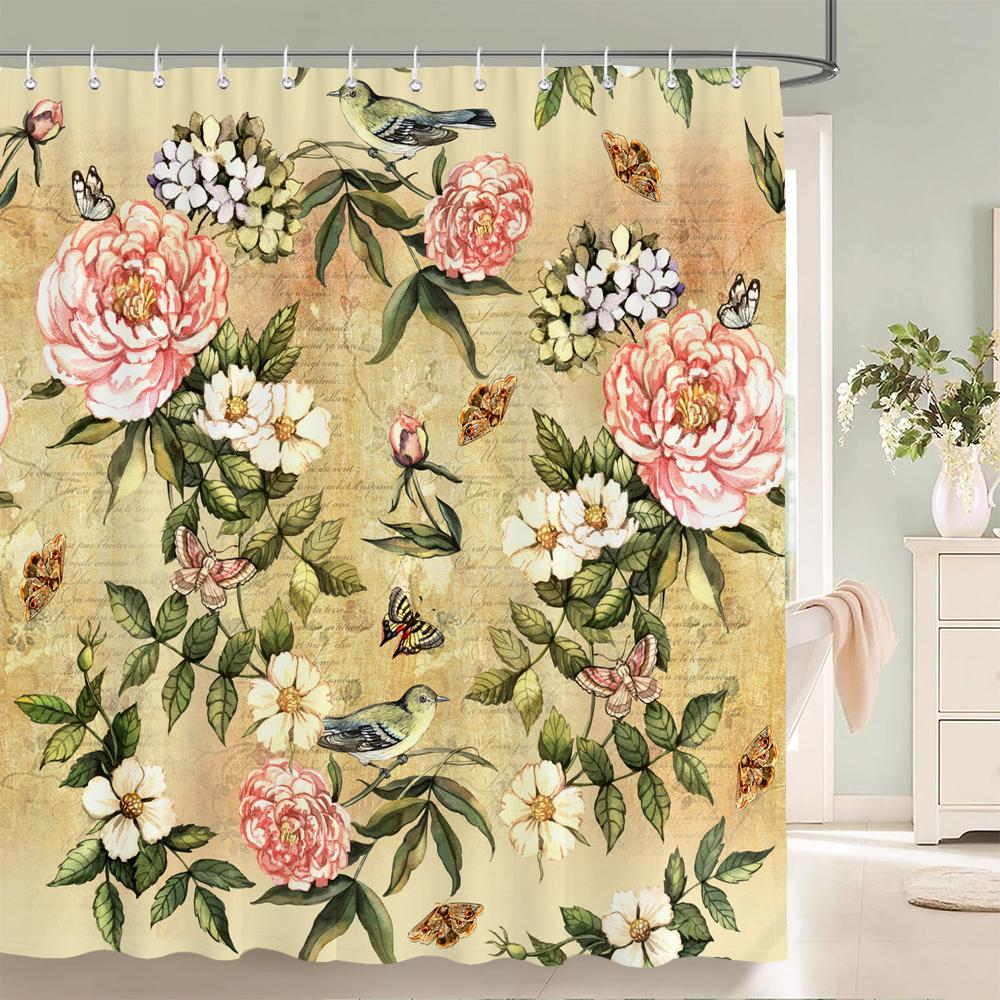 Beautiful Big Pink Flowers Printing Shower Curtain Polyester Waterproof Bathroom Curtain With Hook Door Curtain Home Decoration