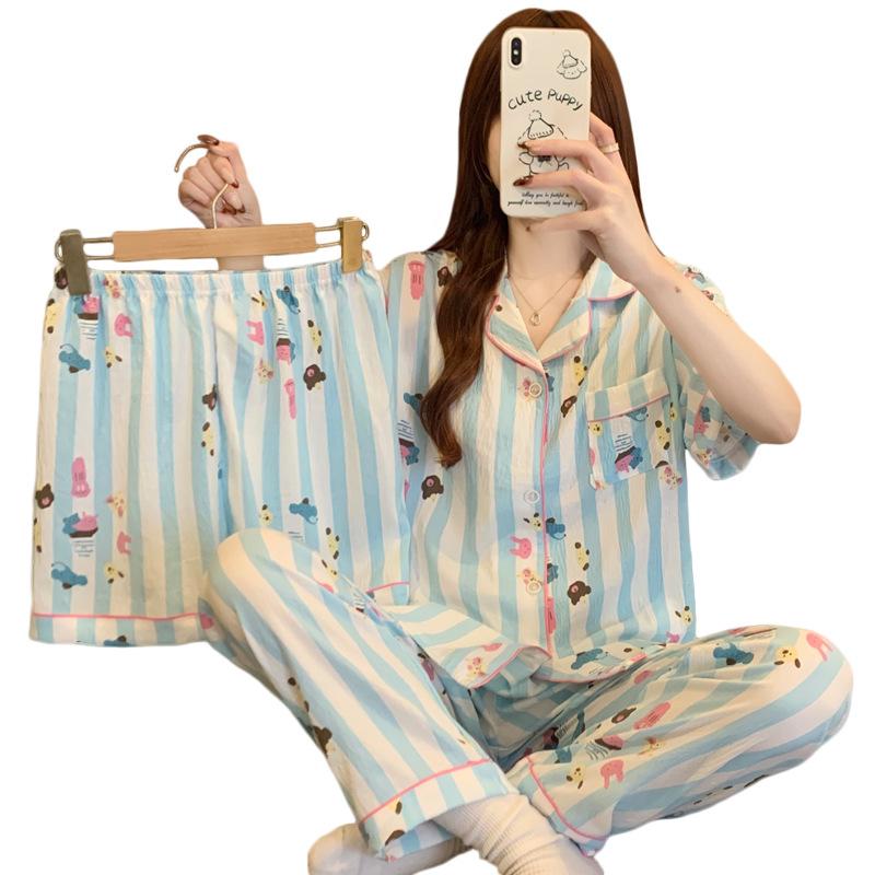 Cloud Cotton Pajamas Women'S Spring Summer Cute Striped Ice Cream Bear Short Sleeve Three-Piece Loungewear