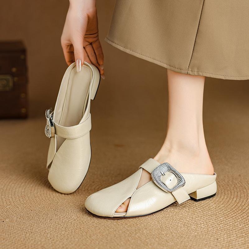 Fashion Women's New Spring and Summer Round Headed Genuine Leather Cowhide Hollow Out Breathable Low Heel Hooded Mueller Slippers