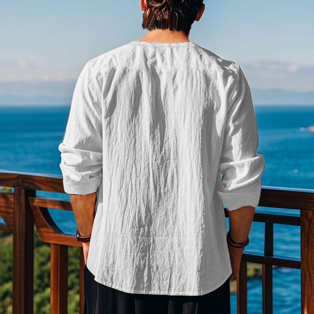 Herrenmode Krawatte V-Ausschnitt Kleidung Strand Leinenhemd Lässig Rosa Weiß Bluse Herren Einfarbig Tops