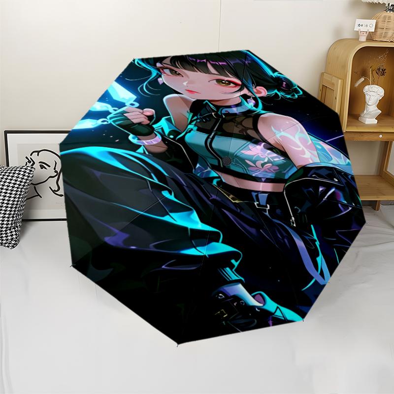 Demon Hunter Print Automatic Umbrella, 8 Rib Iron Frame, Plastic Handle, Suitable for Outdoor Travel &Daily , Ideal Gift