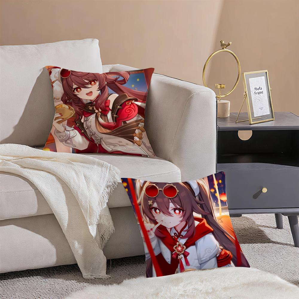 Game Genshin Hu Tao Cushion Cover Pillowcase Short Plush Invisible zipper Room Sofa Cushion Cover