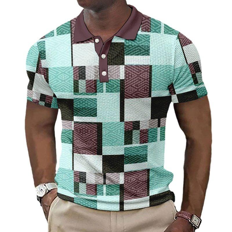 Colorful Block Splicing 3D Digital Printing Men's Comfortable Polo Shirt