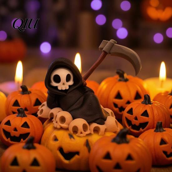 Creative Halloween Design Mini Grim Reaper Statue, 3D Printed Skull Fun Accessories Figurine for Tabletop, Desk, Shelf Home Decor Gothic