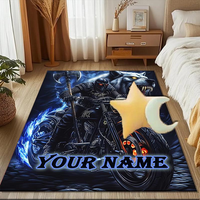1PC Custom Name "Skull Biker Wolf" Theme Floor Mat Ideal for Living Room, Game Rooms, Office, Bedroom,Floor Mat Playful Design