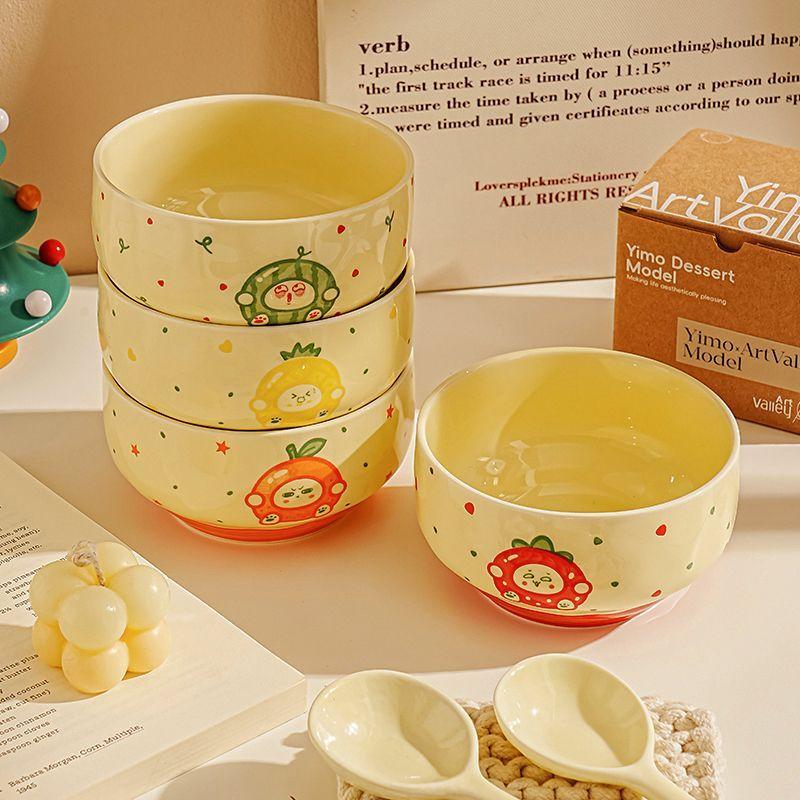 4 Set Funny Fruit Emojis Ceramic Tableware Cute Household Rice Bowl with Spoon Eating Dishes Soup Yogurt Dessert Bowls