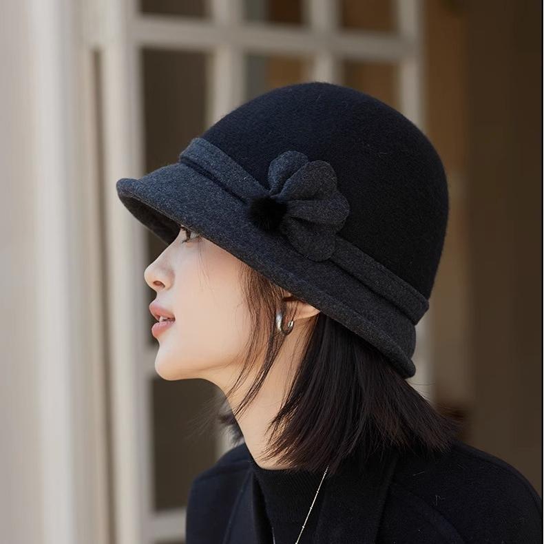 Women's Hats Autumn and Winter Middle-aged and Elderly Wool Woolen Casual Basin Hats Fashionable Versatile Warm Bucket Hats Winter