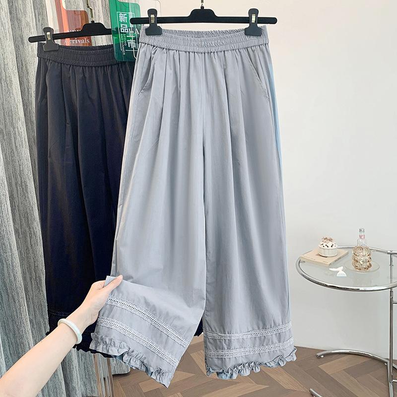 Real shot spring and summer new elastic waist lace hollowed out fungus edge wide leg pants loose straight nine-point pants women's clothing