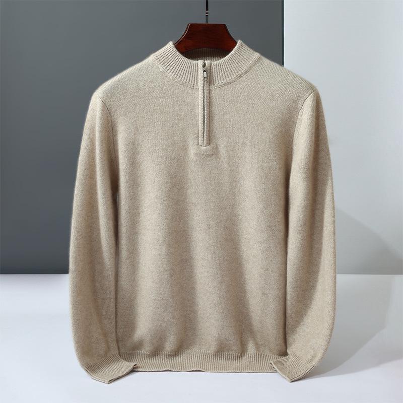 Men's Cashmere Knit Zipper Sweater - Solid Color, Loose Fit, Half-High Collar, Autumn/Winter Collection