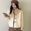Women Beige Navy Collar Coat Toggle Button Pocket Loose Woolen Short Clothes