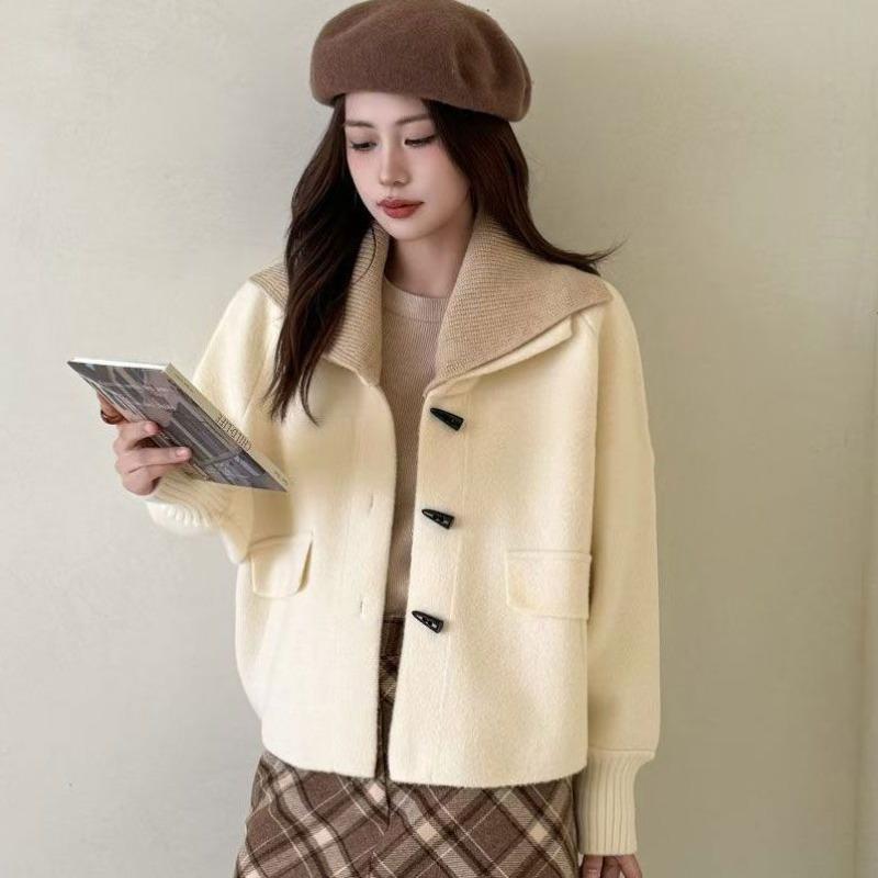 Women Beige Navy Collar Coat Toggle Button Pocket Loose Woolen Short Clothes