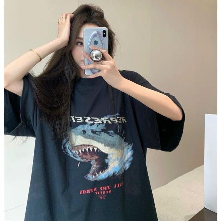 Black short-sleeved printed t-shirt women's 2026 new summer loose trendy brand high-end design sense niche medium and long top
