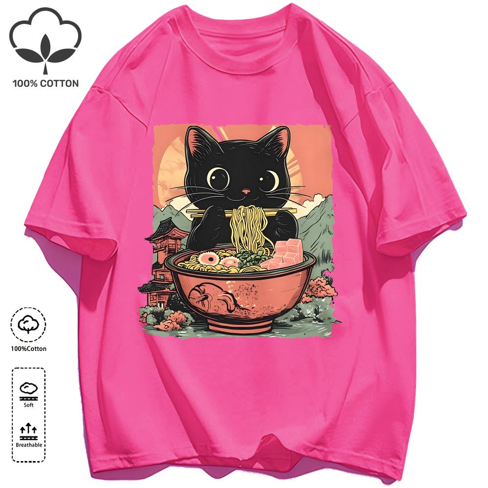 Retro Cats Like To Eat Lamian Noodles Unisex T Shirt Retro Fashion Short Sleeve Summer Comfortable Tee Unisex Cotton Loose Clothing