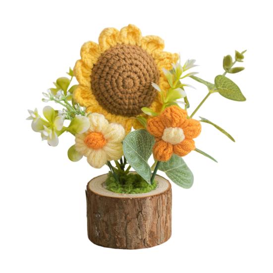 Handmade Crochet Potted Flower Artificial Knitted Flower Bouquet Forever Flower Gifts for Mother's
