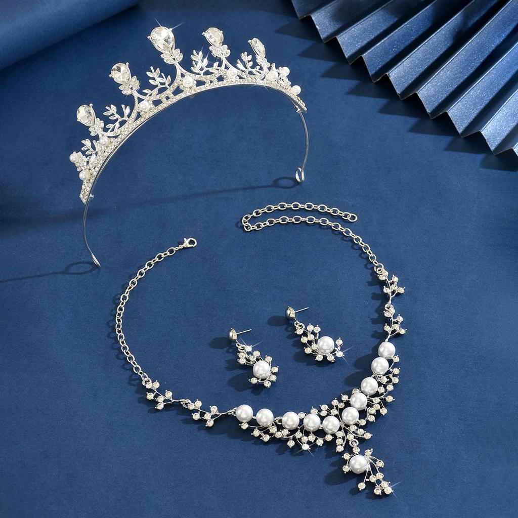 Bridal Necklace Earrings Set Chain Wedding Necklace Accessories Crown Necklace Earrings Three-Piece Wedding Bridal Headdress