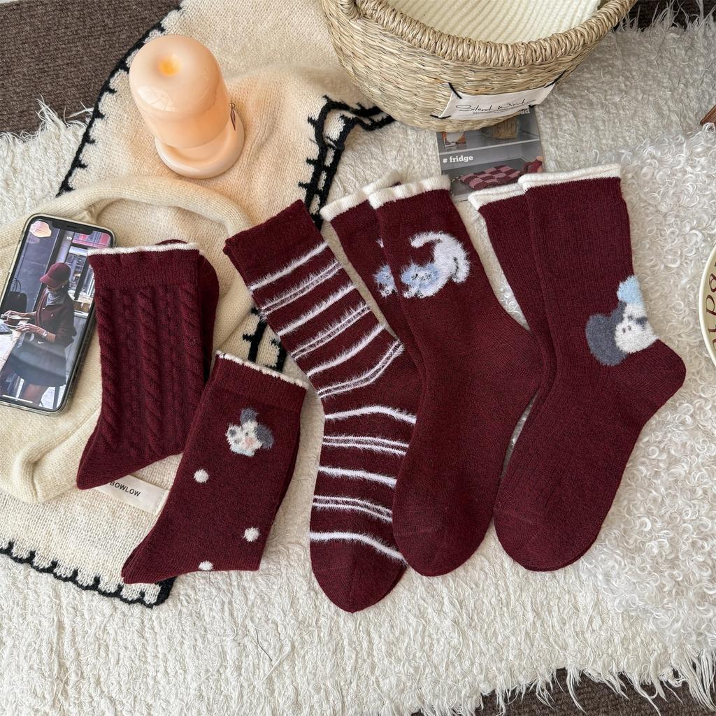 New Year'S Red Socks Mid-Leg Socks Thickened Warm Cartoon Cat Puppy Christmas Vibe Wool Socks