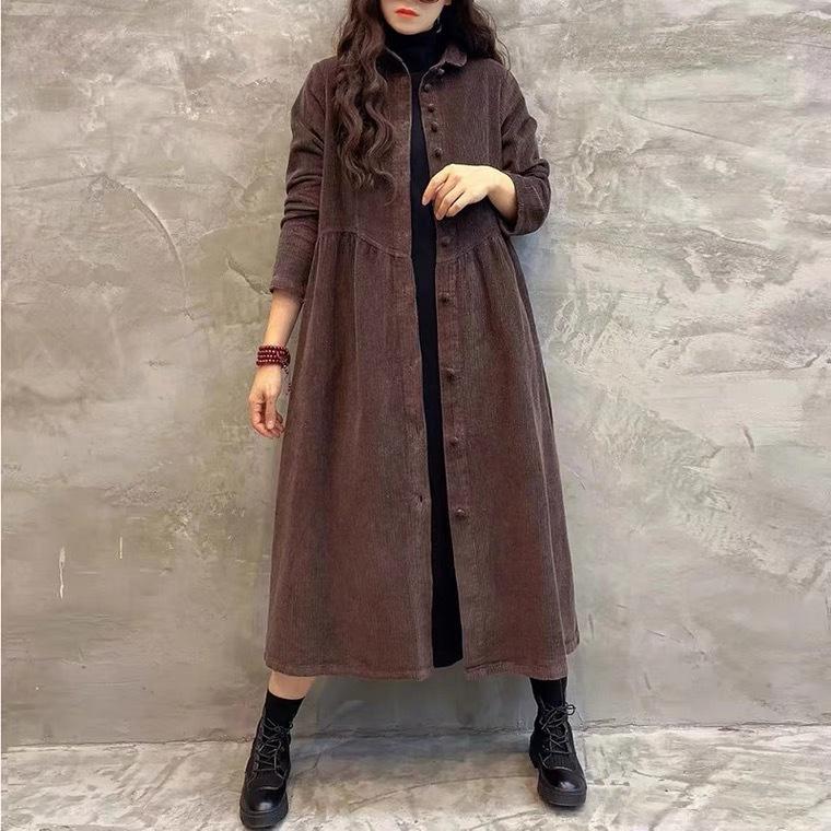 Women Fleece Lined Corduroy Trench Coat Vintage Loose Mid‑Long Long Sleeve Windbreaker Jacket For Autumn Winter