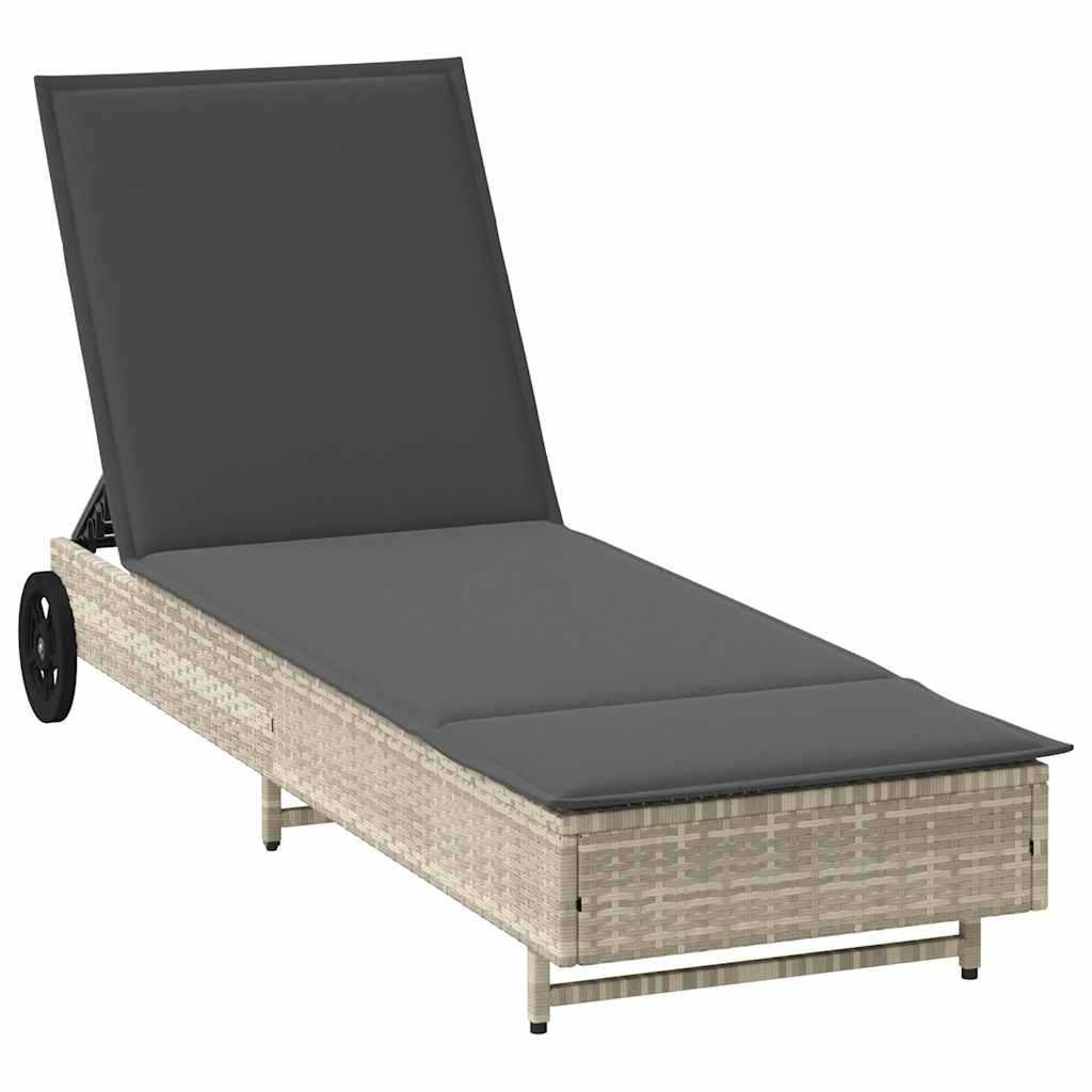 Sun Lounger with Wheels and Cushion Light Grey Poly Rattan