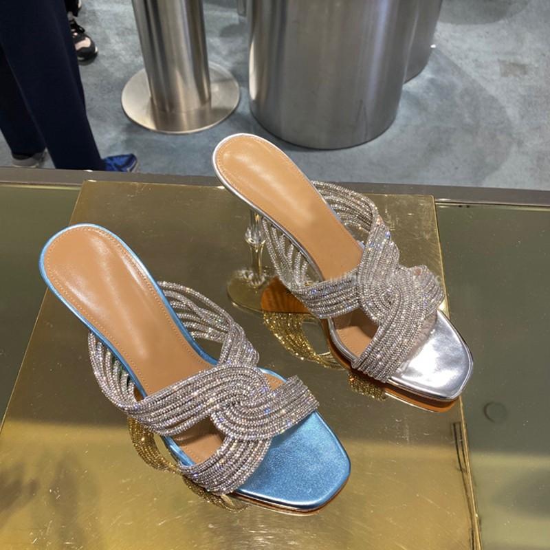 Slippers Women High Heels Summer Patent Leather Narrow Crystal Bands Crossed Thin Heeled Glitter Dress Wedding Pumps Shoes