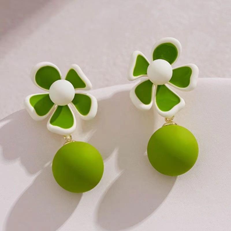 French Romantic Green Flower Asymmetric Tassel Drop Earrings New Design Jewelry for Women's or Girl’s Sweet Ear Accessories