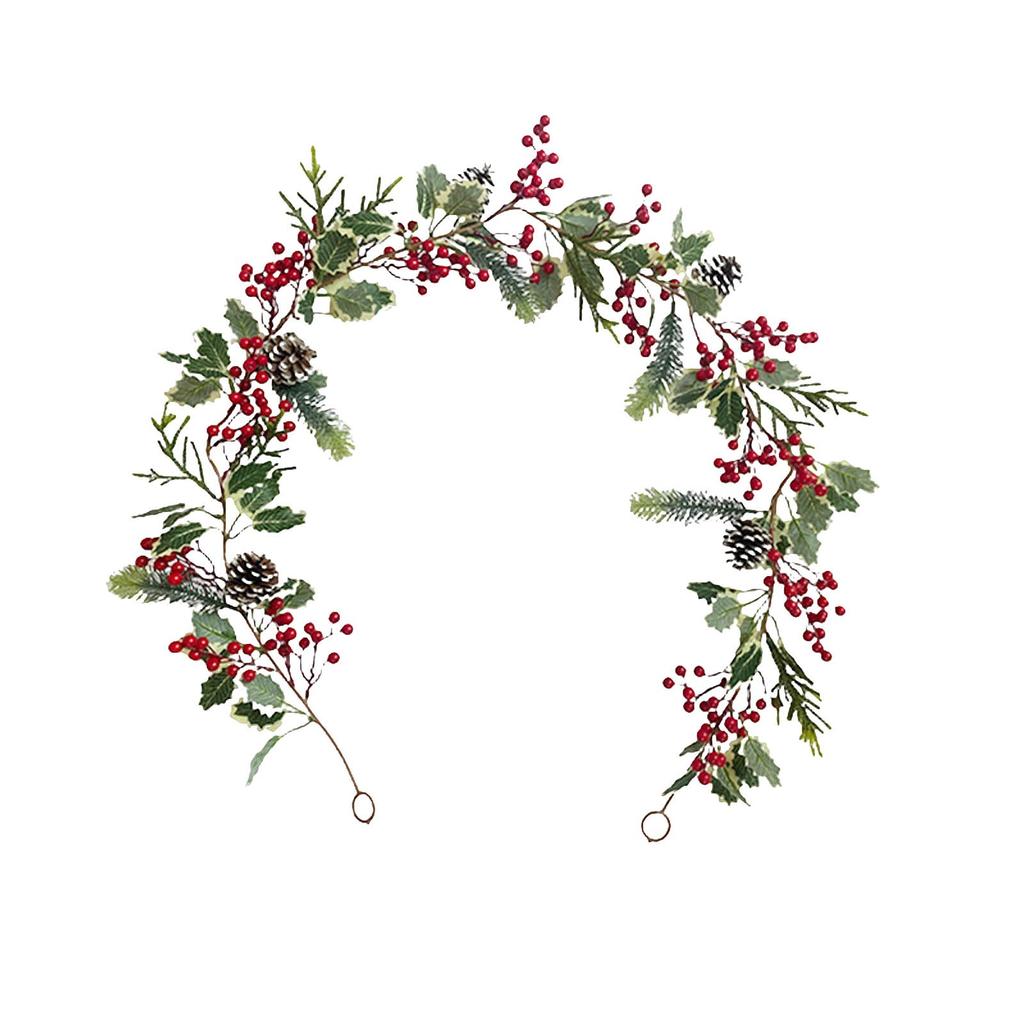 Artificial Green Plants Christmas Tree Garland Pine Cones Vine Wreath Red Berries Rattan Hanging Ornament Home Party Decoration