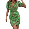 Women's Short Summer Dresses Casual Painted Prints Puffy Sleeve Wrap V Neck Dress High Waist Trendy Print Wrap Hem Beach Dress
