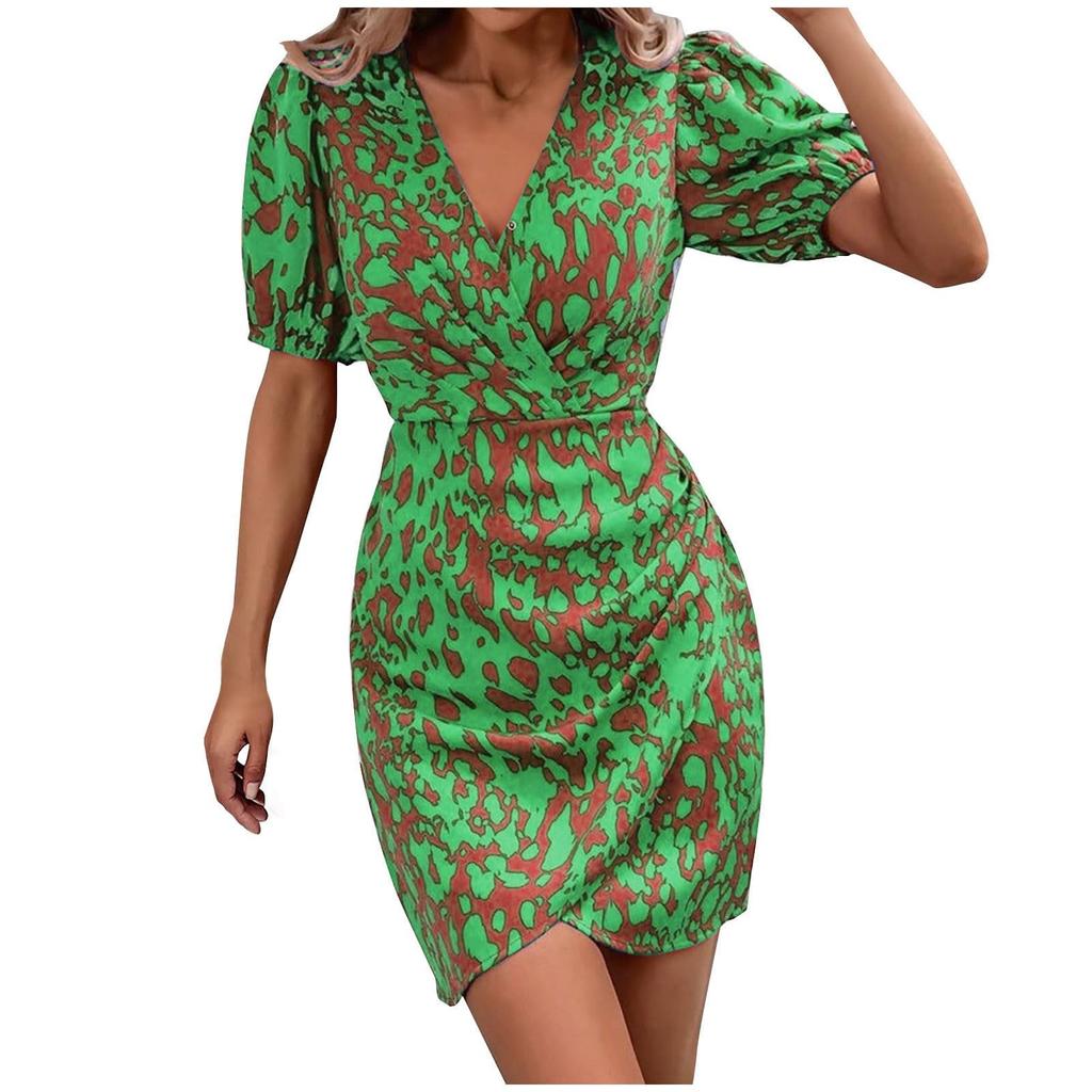 Women's Short Summer Dresses Casual Painted Prints Puffy Sleeve Wrap V Neck Dress High Waist Trendy Print Wrap Hem Beach Dress