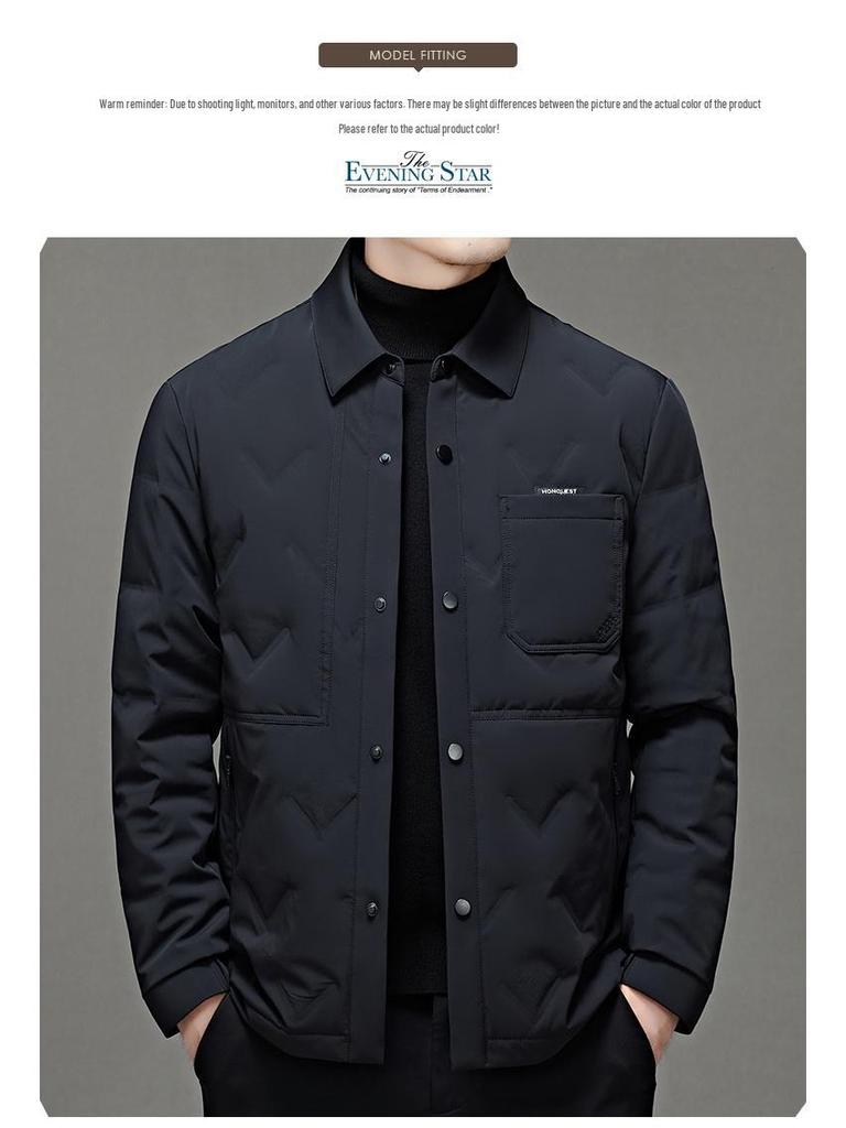 Men's White Shirt-Style Duck Down Jacket: Single-Breasted, Lapel, Warm, Business Casual Coat for Middle-Aged.