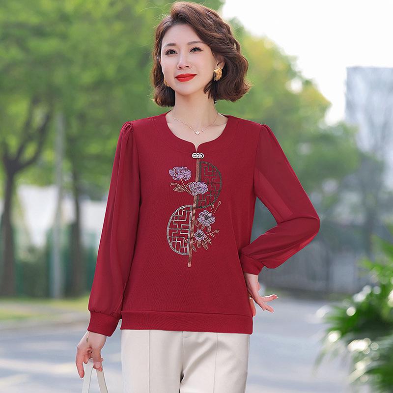 

Stylish Rhinestone Long-Sleeve Loose Fit T-Shirt for Moms XL вина червоного кольору