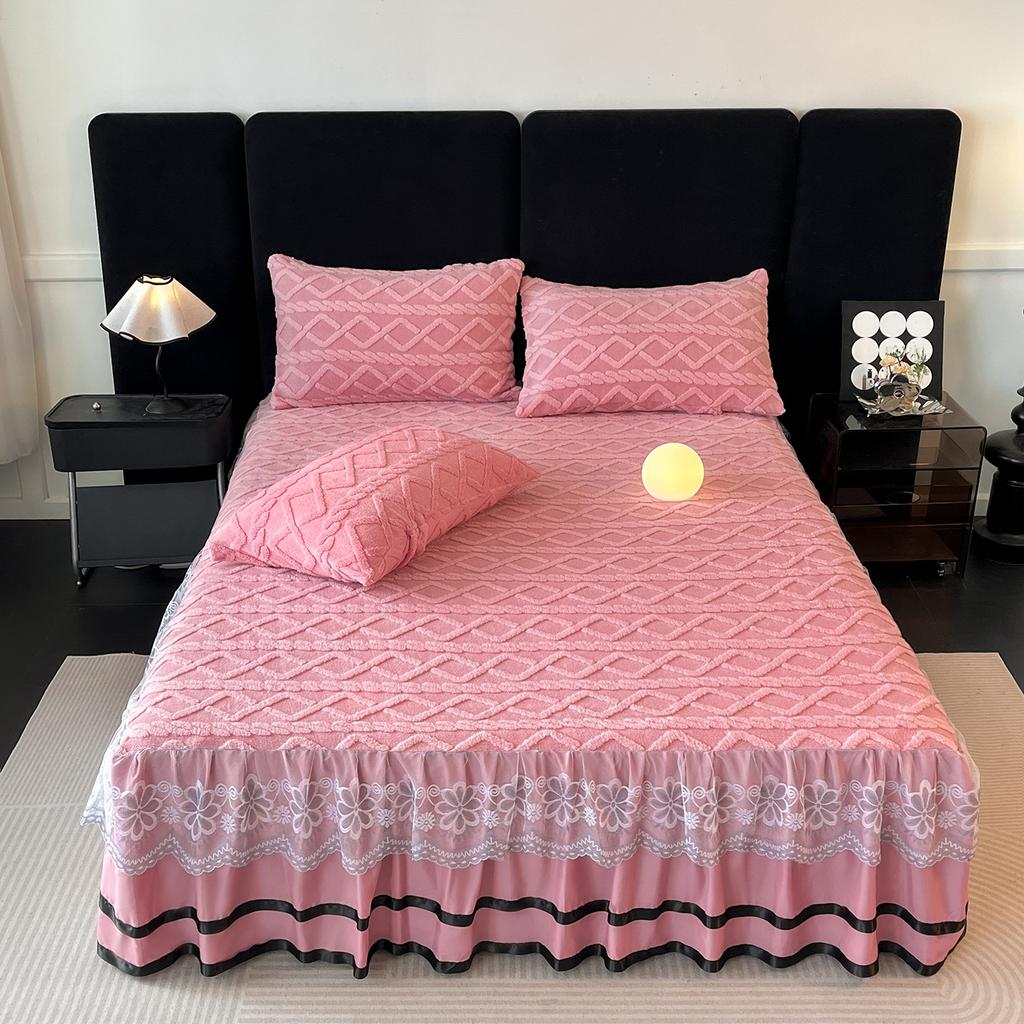 Tafu Velvet Jacquard Bed Skirt Plush Thickened Dustproof and Anti Slip Bed Cover Embroidered Lace Bed Sheet 3pcs Home Textile