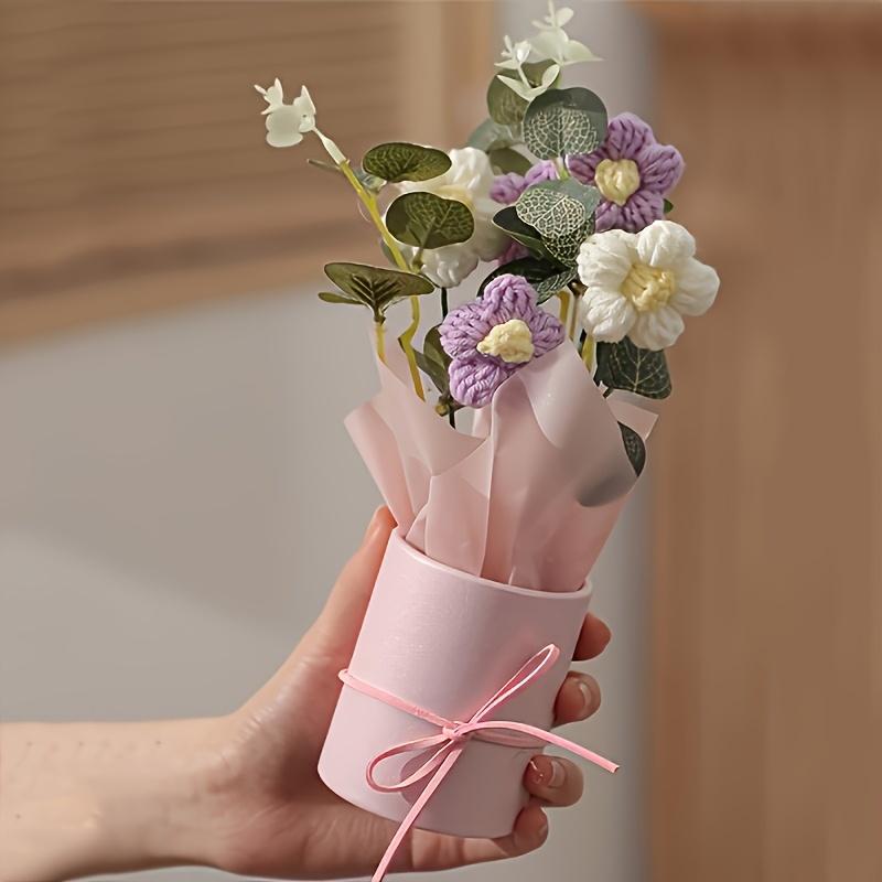 1PC handmade crochet bouquet with pink vase, including crocheted flower fabric wrapping paper and ribbon - carefully woven cotton thread