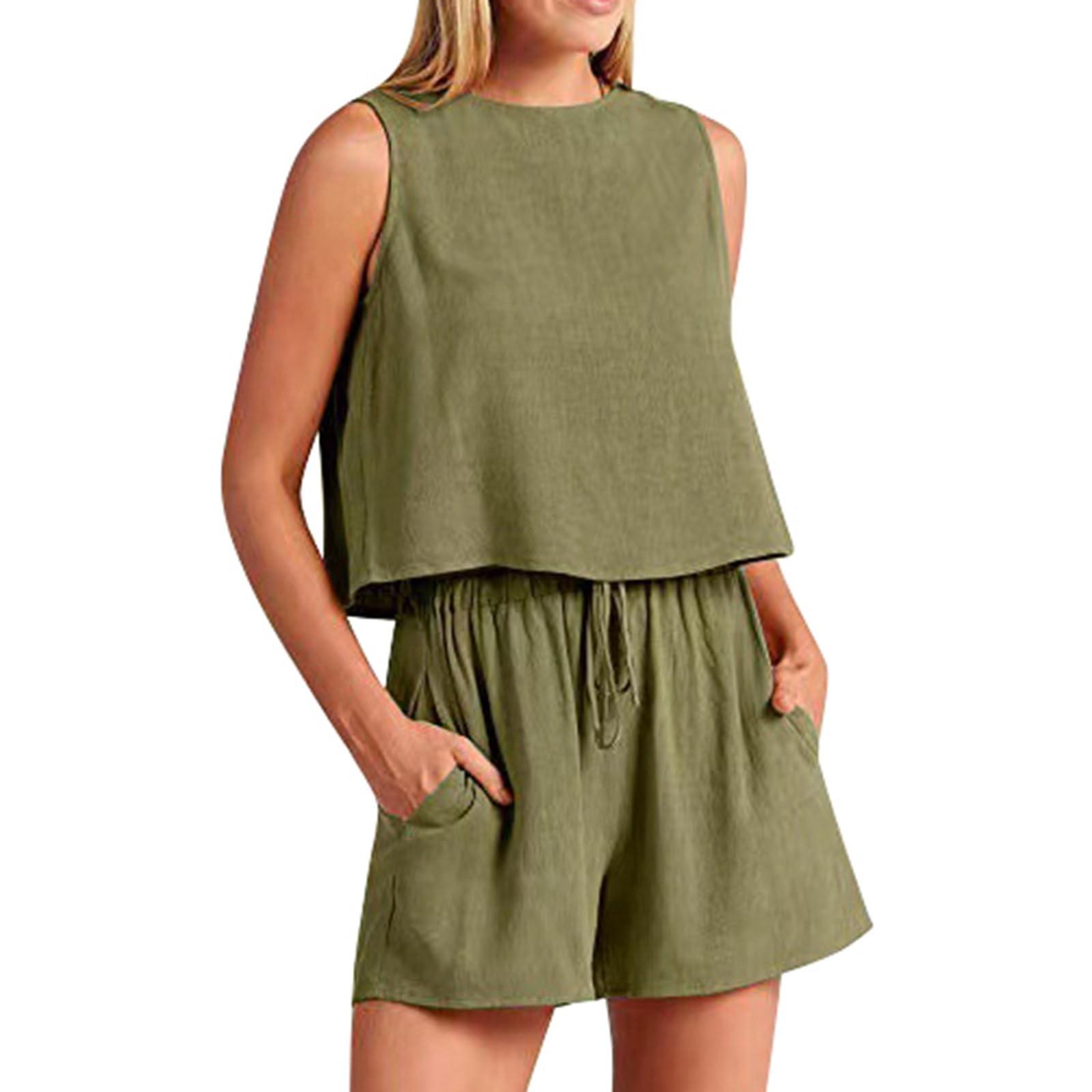 Женский летний льняной костюм из двух предметов без рукавов с круглым вырезом — фото 6