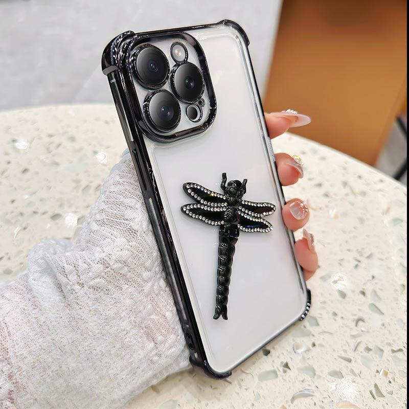 Applicable To Apple 16 Water Diamond Dragonfly Stand Phone Case, IPHONE15 Four-corner Anti-drop I14pro Electroplated Protective Case