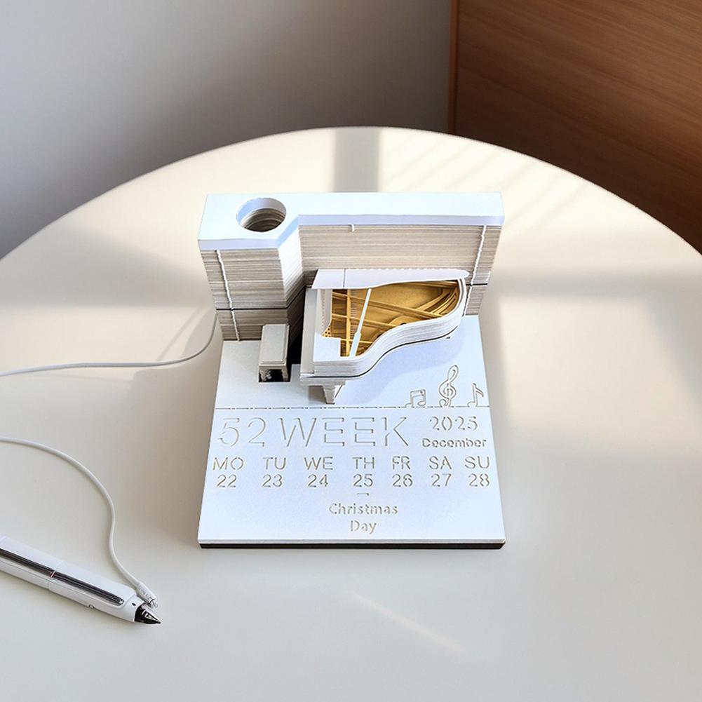 Piano Desk Calendar 2025 Time Piece Calendar 3D Calendar Paper Carving Art Memo Pad Notepad for Desktop Decoration