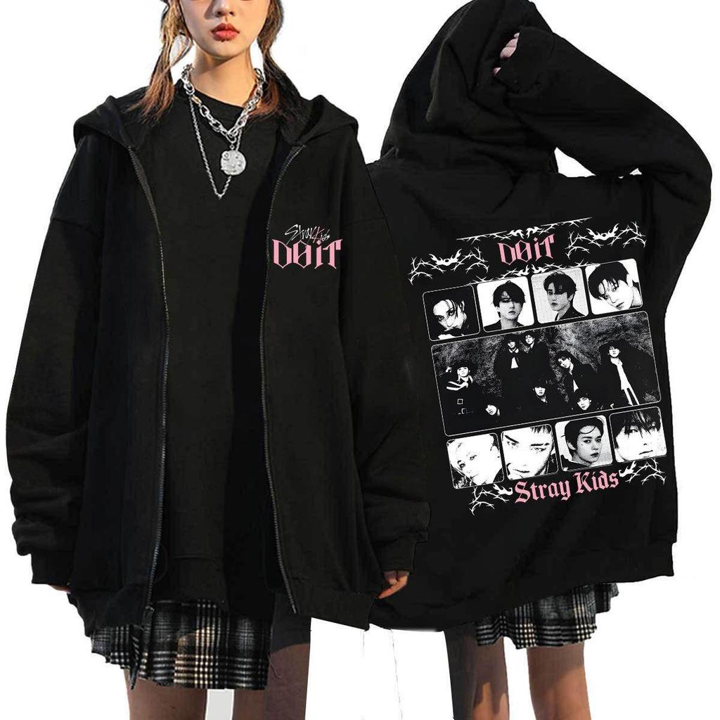 Sudadera con capucha estampada suelta con cremallera Harajuku de Stray Kids En stock