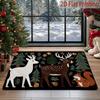 2D Flat Forest Reindeer and Squirrel Christmas Winter-Themed Entrance Doormat, Machine Washable Vintage Holiday Floor Mat, Hallway and Courtyard Non-S