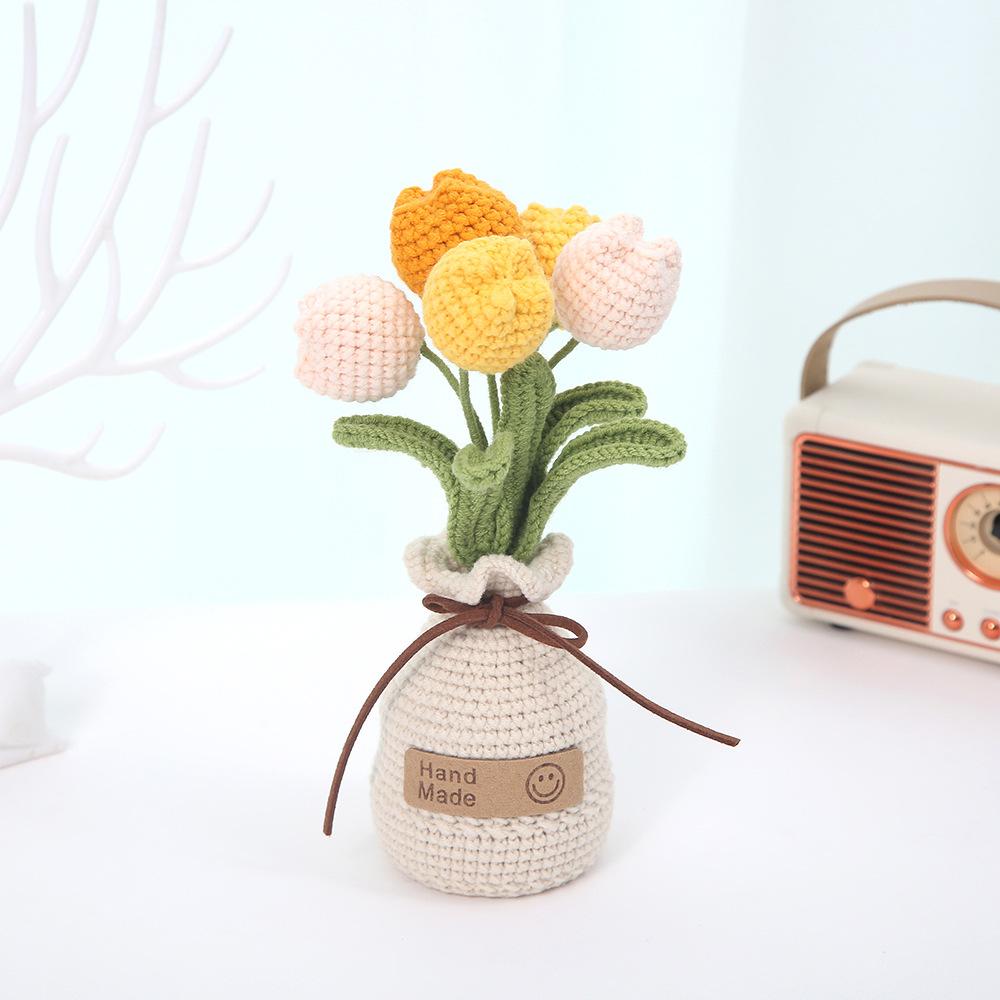 Pianta Artificiale Tulipano in Vaso all'Uncinetto Carina Vaso Pianta Finito Tessuto a Mano Tulipano Libreria Tavolo Decorazione Stanza