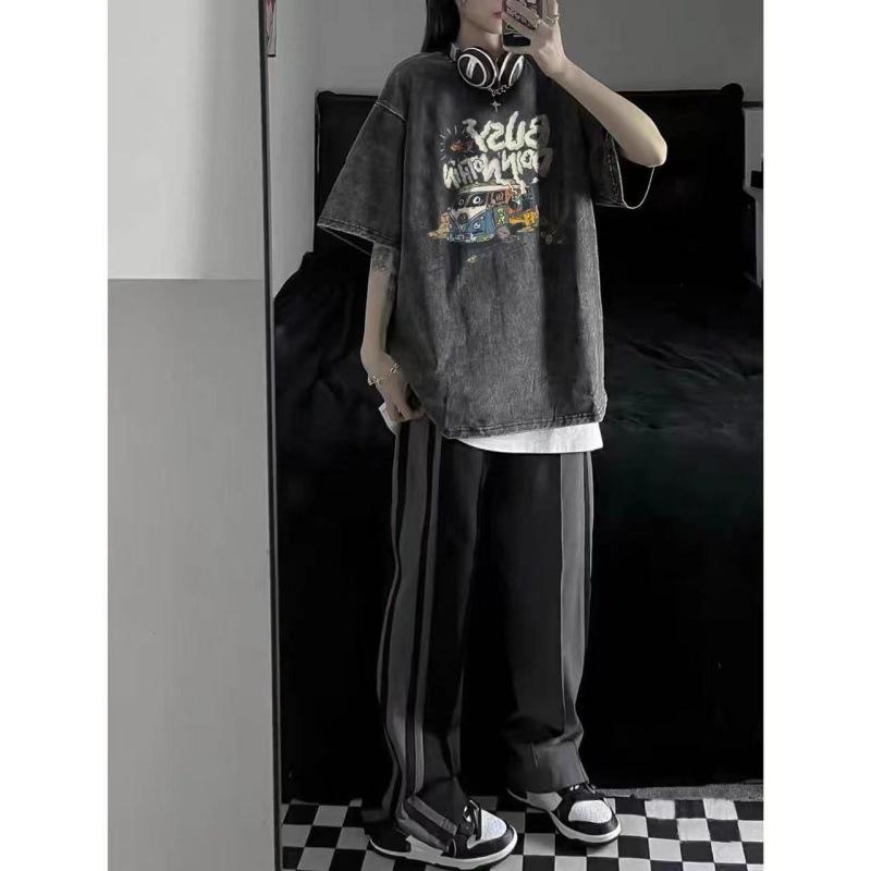 

Унисекс Футболка с коротким рукавом в стиле хип-хоп с эффектом потертости и выцветания – Гонконгский стиль, Универсальная, Свободного кроя, Летний топ высокого класса L промывают черный