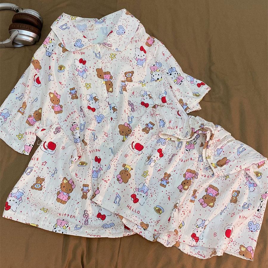 

Korean high-end black leather Hello Kitty pajamas women s summer short-sleeved shorts cardigan two-piece set can go out loungewear S