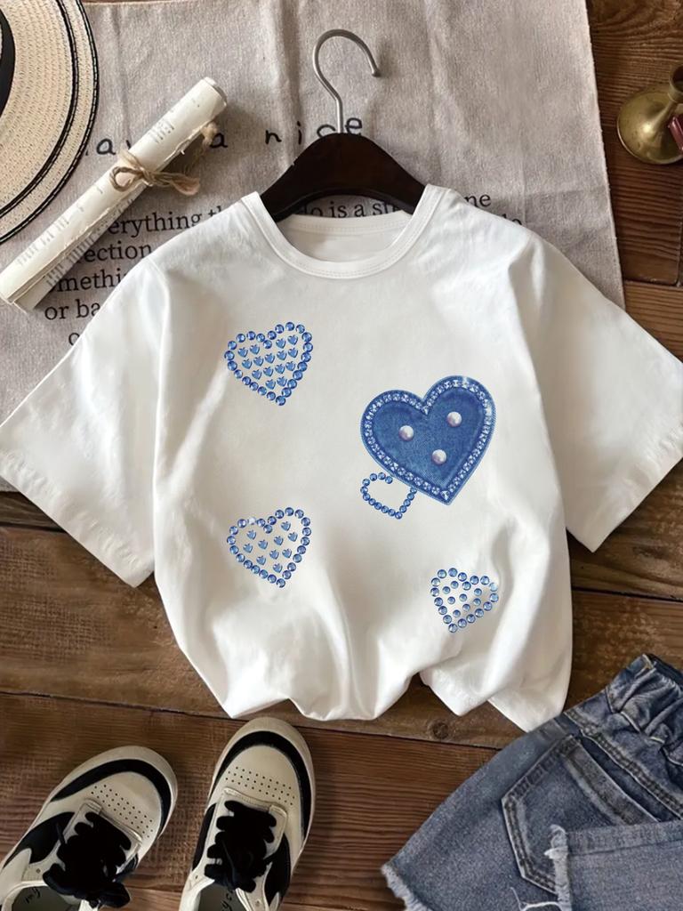 Short-Sleeve T-Shirt with Heart Pattern Mimicking Faux Denim, Perfect for Casual And Comfortable Wear In Spring And Summer, Suitable for Outdoor Activ
