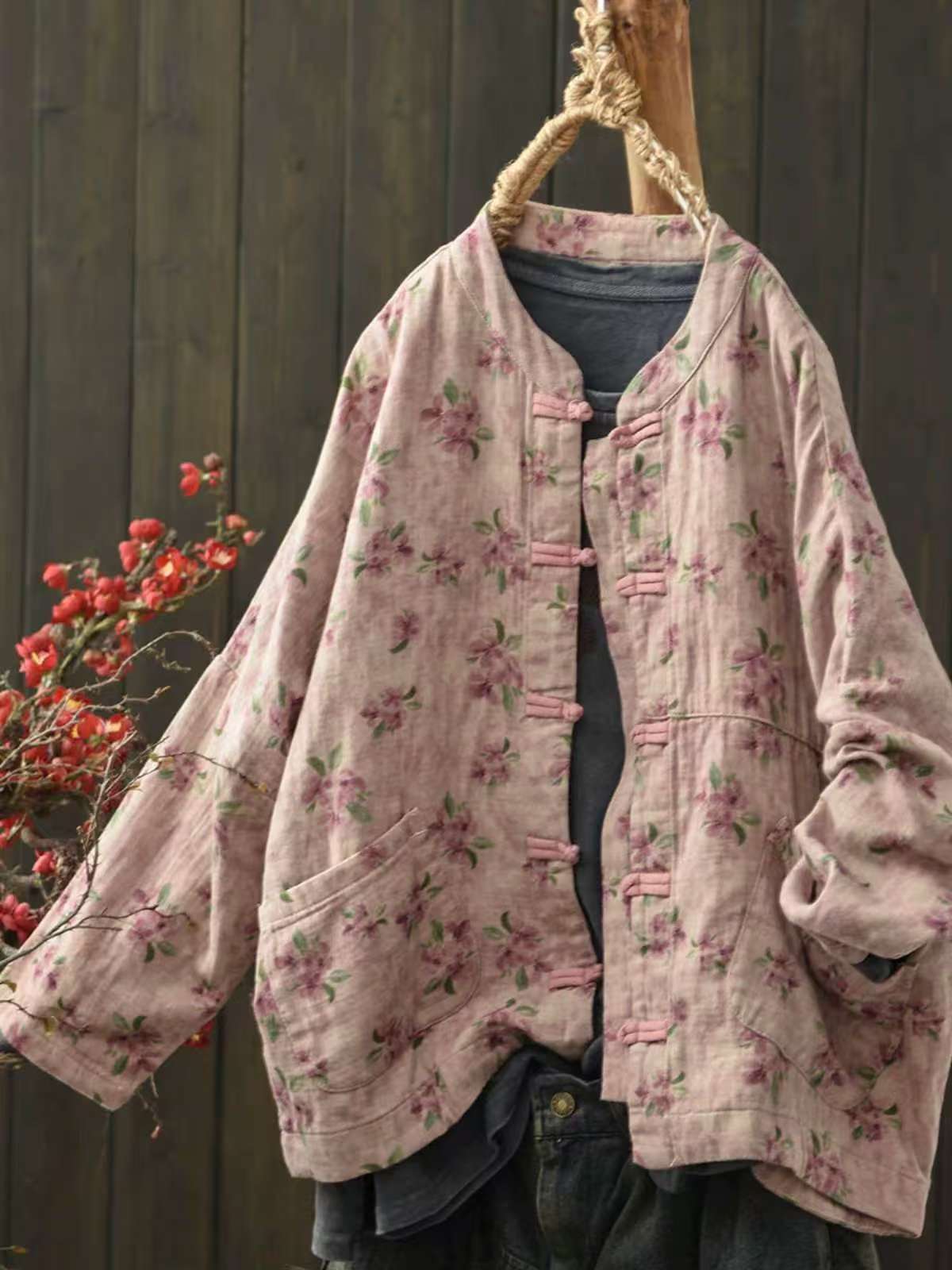 

Johnature Women Vintage Print Floral Jackets Stand Long Sleeve Autumn Chinese Style Female Jackets One Size