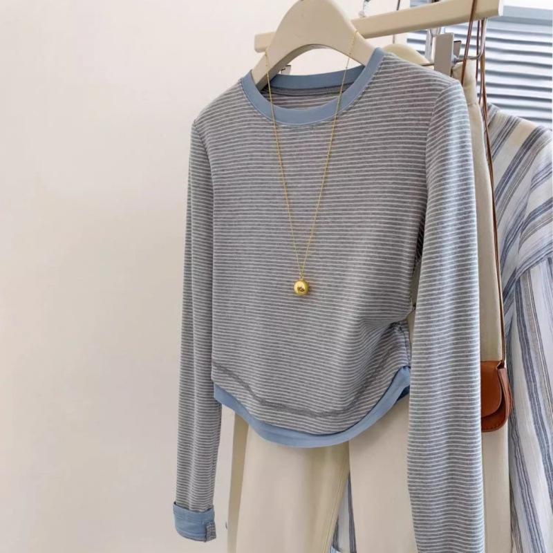 Striped Two-in-One Long-Sleeve Shoulder T-Shirt for Women, Spring/Fall 2024 Collection.