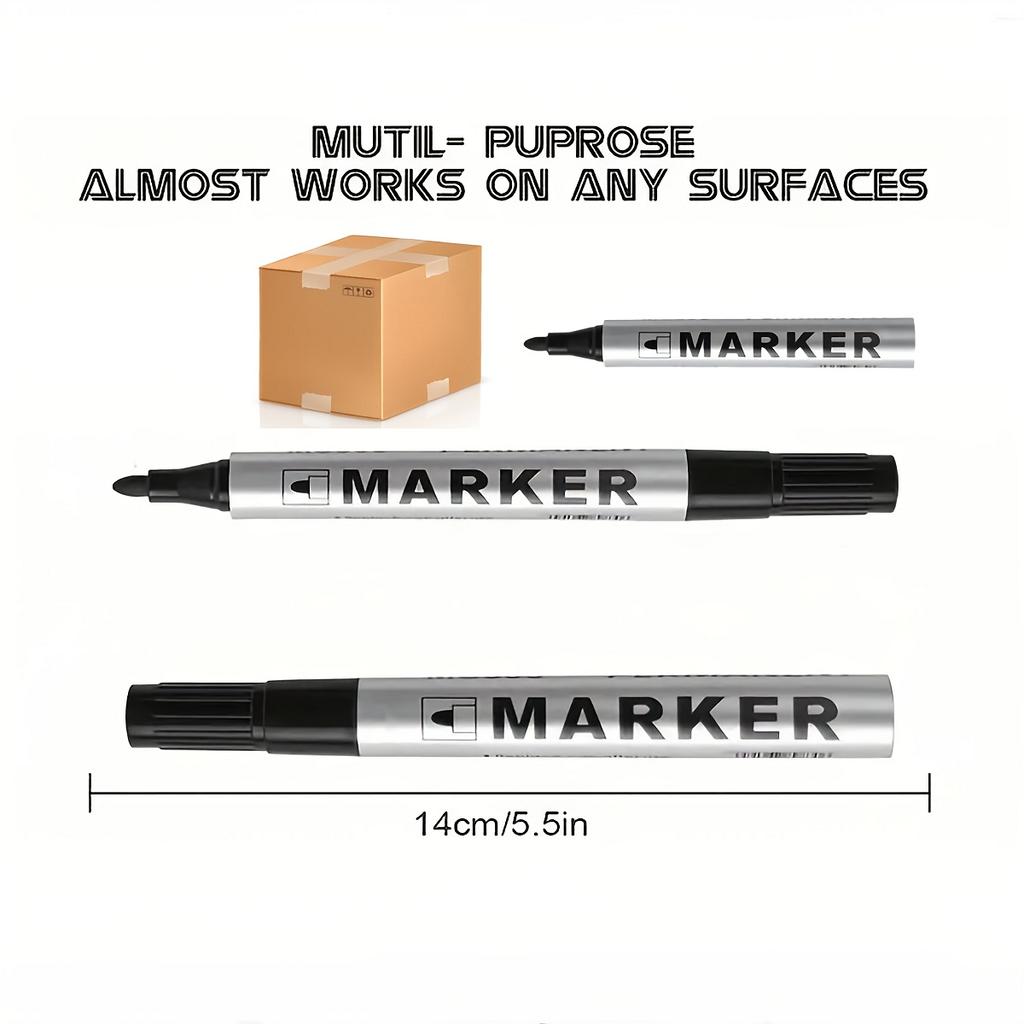 12pcs Black Permanent Oil-Based Markers - Quick Dry, Waterproof, Round Tip