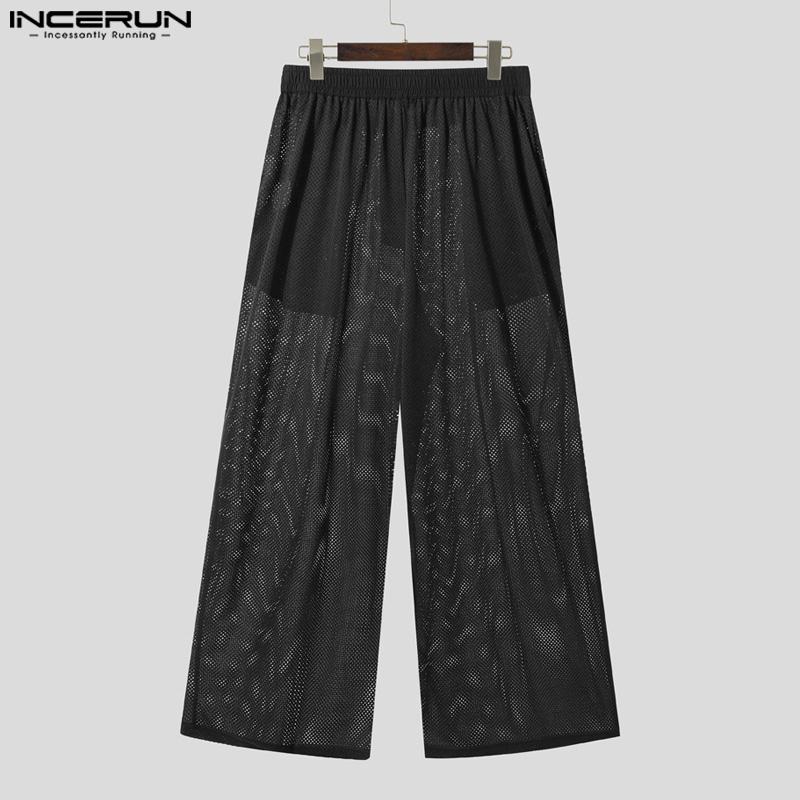 INCERUN Men Elastic Waist Hollow Out Fishnet Beach Holiday Long Pants Trousers
