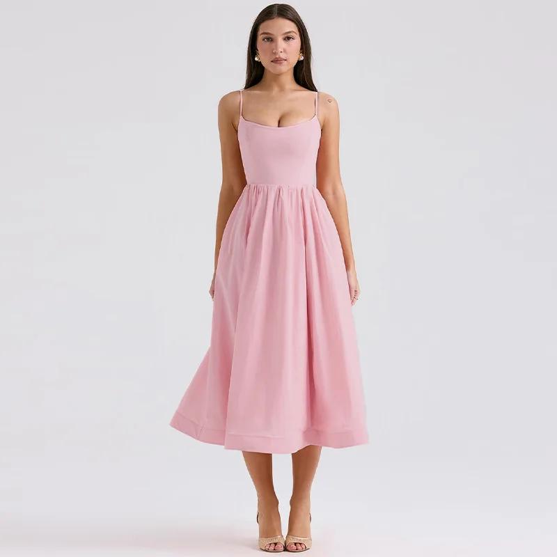 Women Elegant Solid Party Strap Midi Dress Fashion Pink U-neck Sleeveless High Street Dresses Summer Y2k Pleat Backless A-line Robes