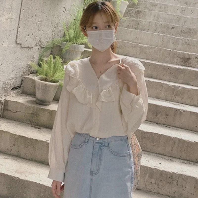 

Корейская женская рубашка с V-образным вырезом и оборками, с длинным рукавом - Коллекция Весна/Осень 2025 Small абрикосовый