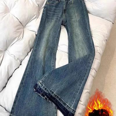 American Retro Non-skinny Fleece Slightly Flared Jeans for Women In Autumn and Winter, High-waisted Loose and Slimming Flared Wide-leg Pants