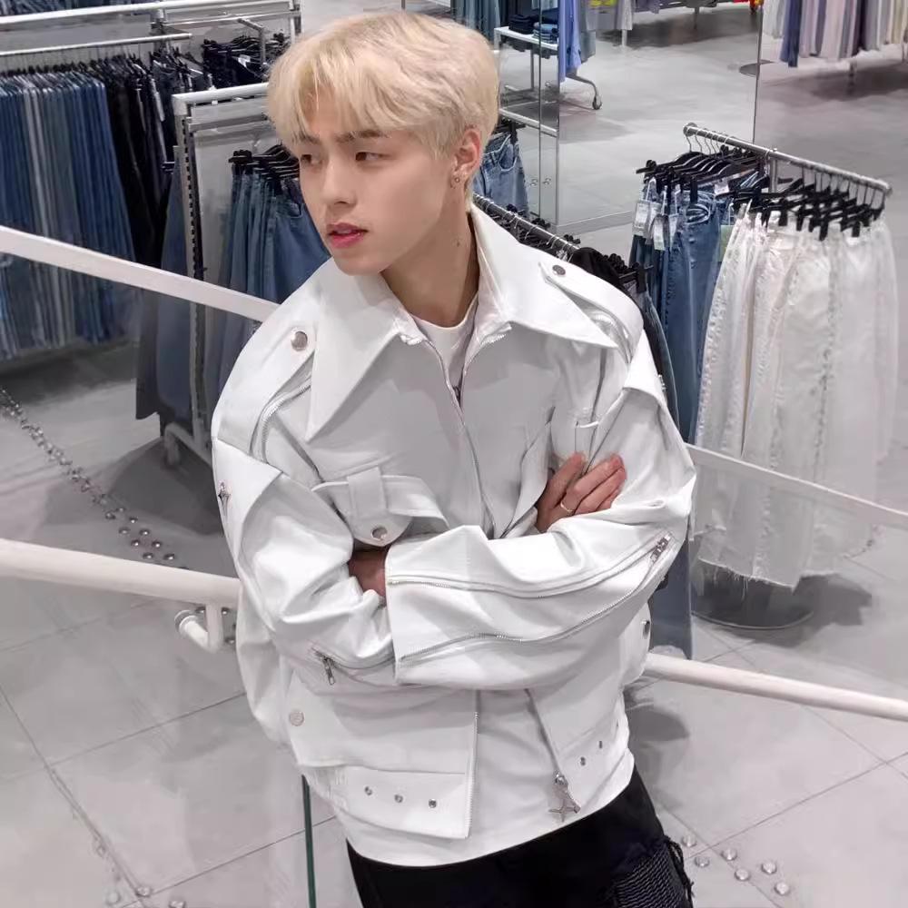 Herr Retro Hög Gata Vit Läder Bikerjacka - Vår/Höst Trendigt Märkesstil