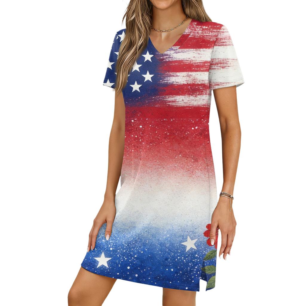 Women's Casual V-neck Short Sleeve Split Hem Independence Day Printed Dress