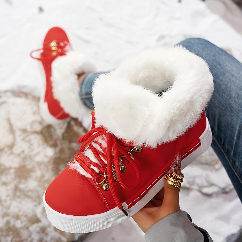 Women's Boots Christmas Fashion Lace Up Fuzzy Detail Lined Ankle Boots Casual Daily Round Toe Flat Boots